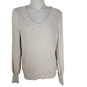 Loft Sweater Women’s Small Tan Pullover Knit Ribbed Balloon Sleeves Scoop Neck